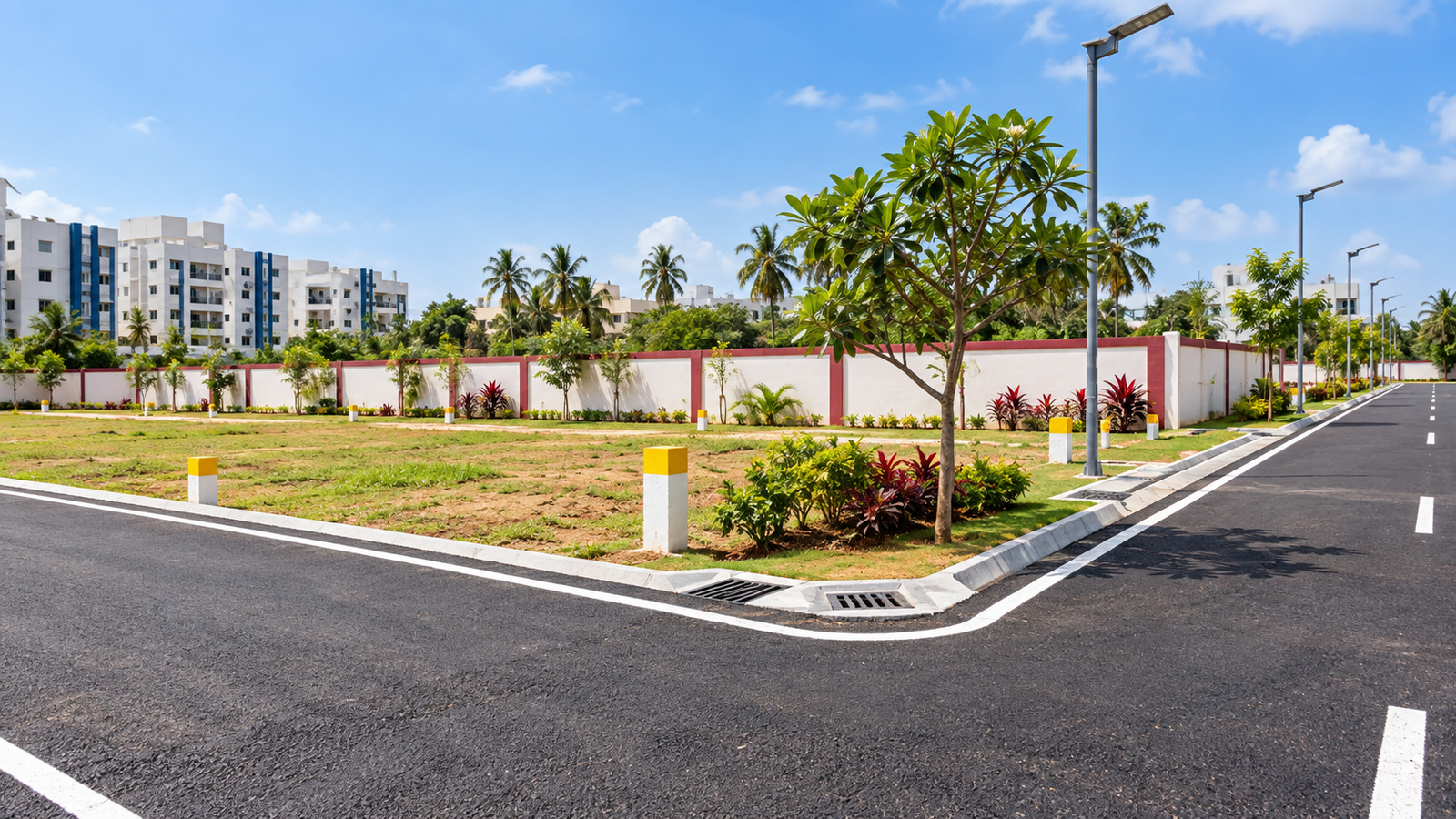 Landscaped entrance and roads at a Sri Akshayam development